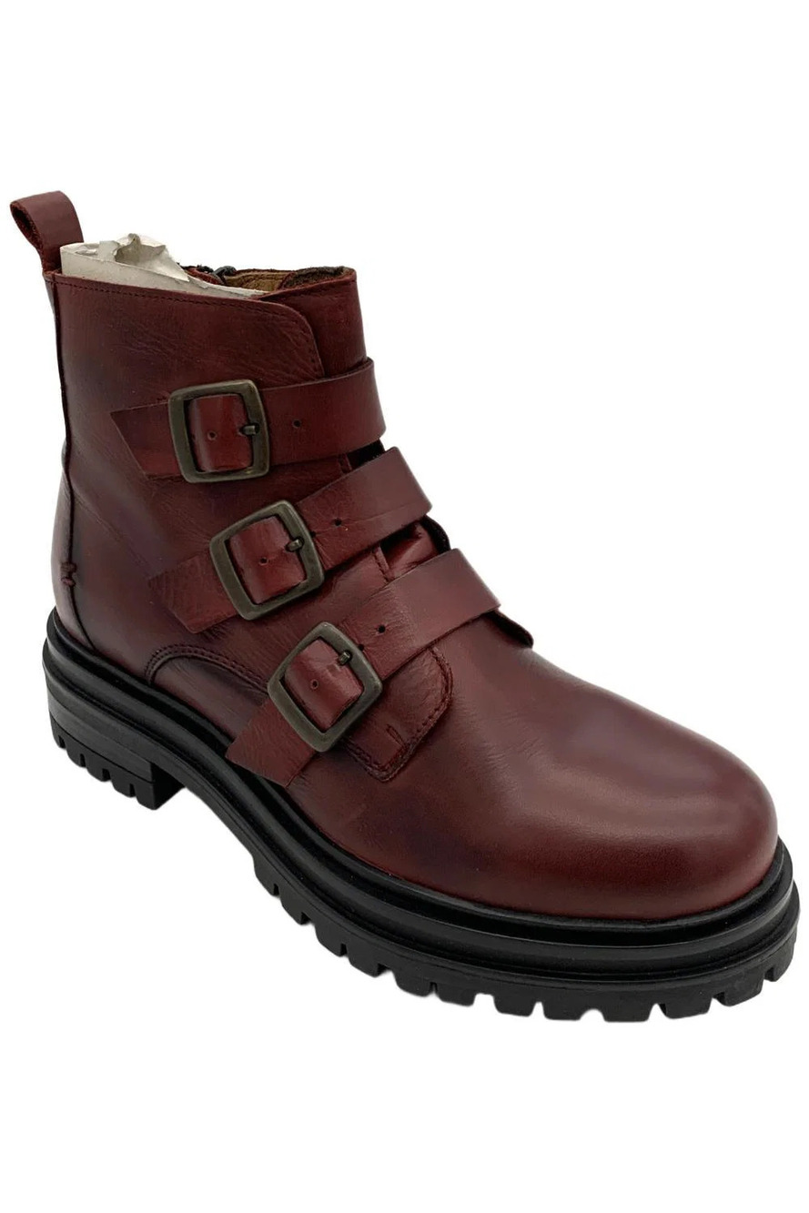 Miz Mooz Women's Lorra Leather Buckled Ankle Boots Bordeaux - Medium